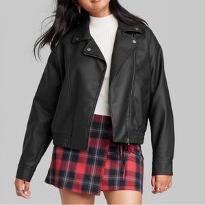 Black faux leather collared moto jacket, thick fully lined